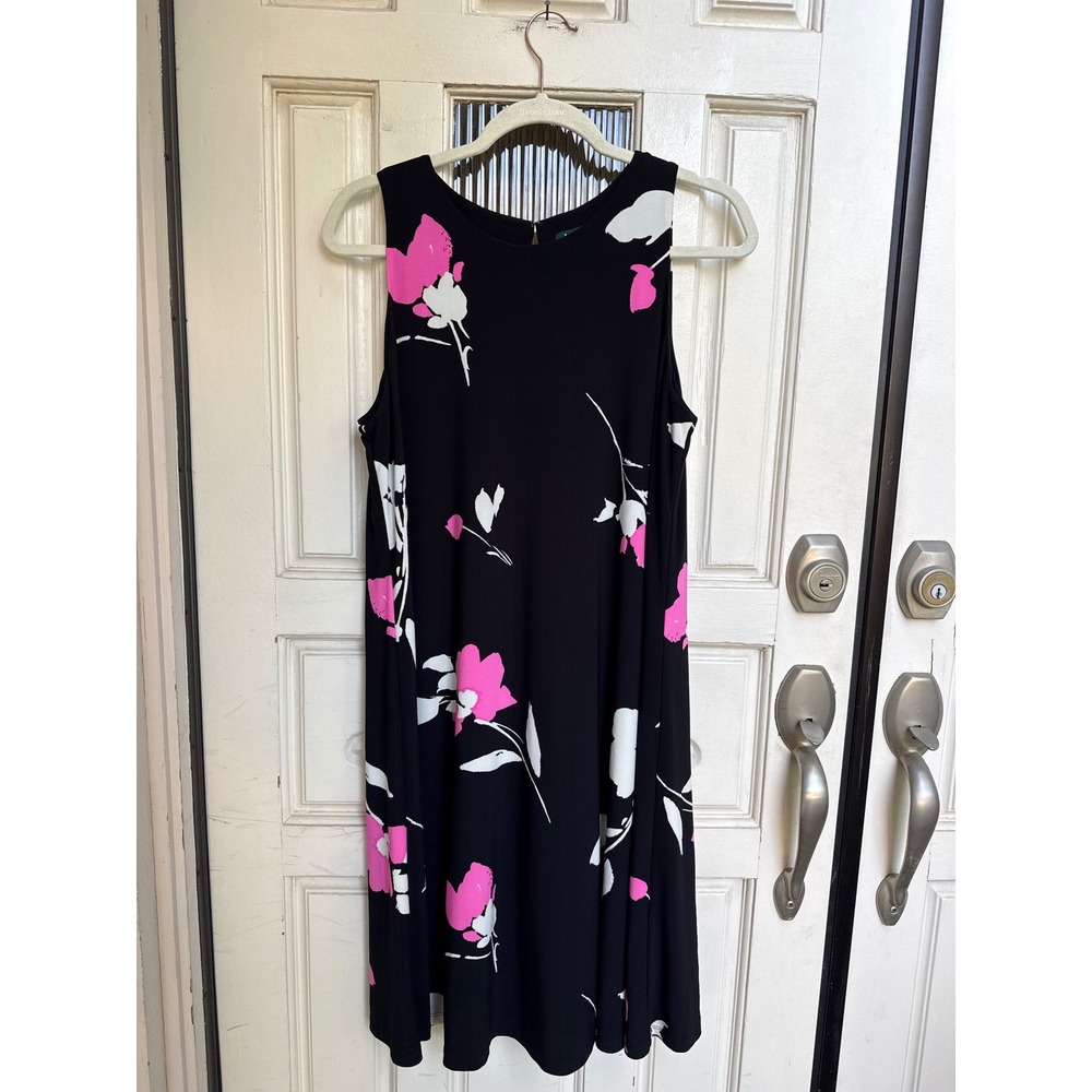 Lauren Ralph Lauren Black Pink Floral Sleeveless Shift Dress Size 12